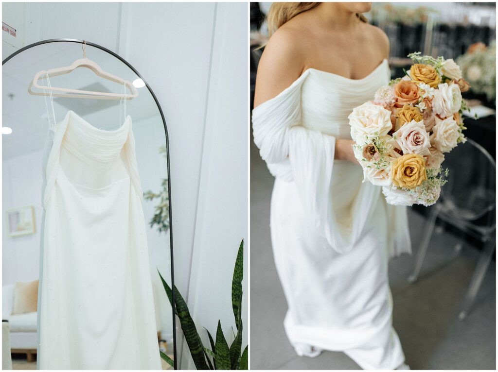 bridal gown and bouquet 
